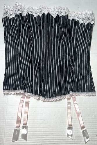 Frederick's of Hollywood Black White Pinstripe Lace Trimmed Corset Lingerie 36