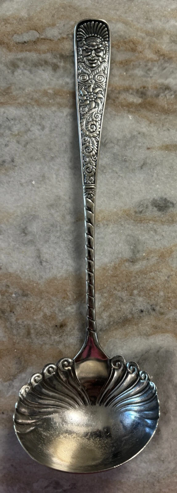 Solid Soup Ladle Assyrian Head Silverplate, 1886 by International Silver 11 1/8"