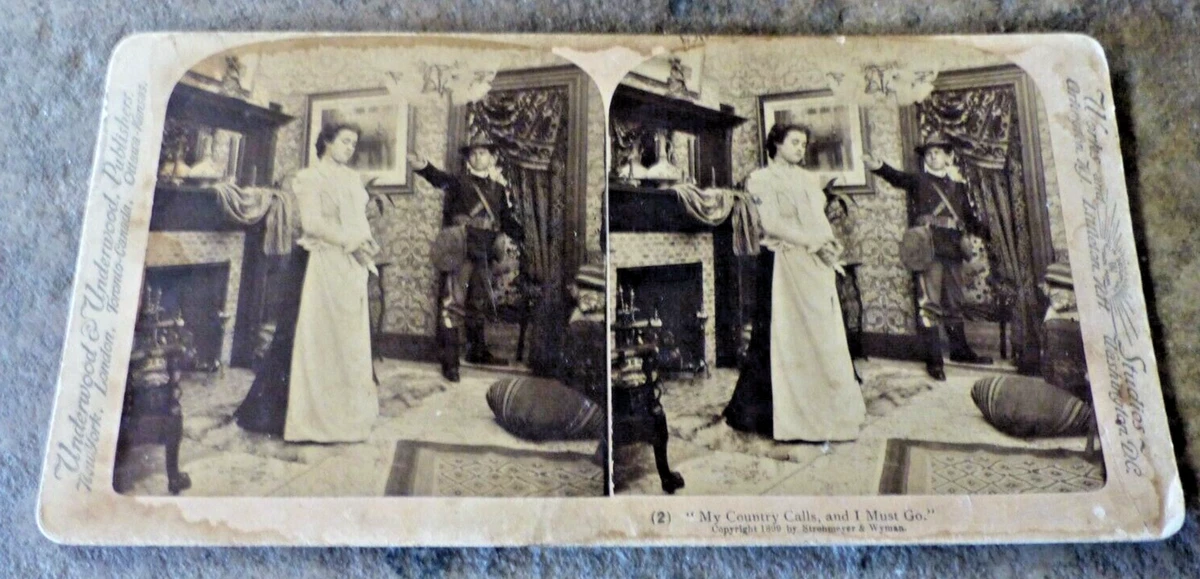 Antique STEREOSCOPE STEREO VIEW CARD Soldier Leaving Loved One 1899 War Theme