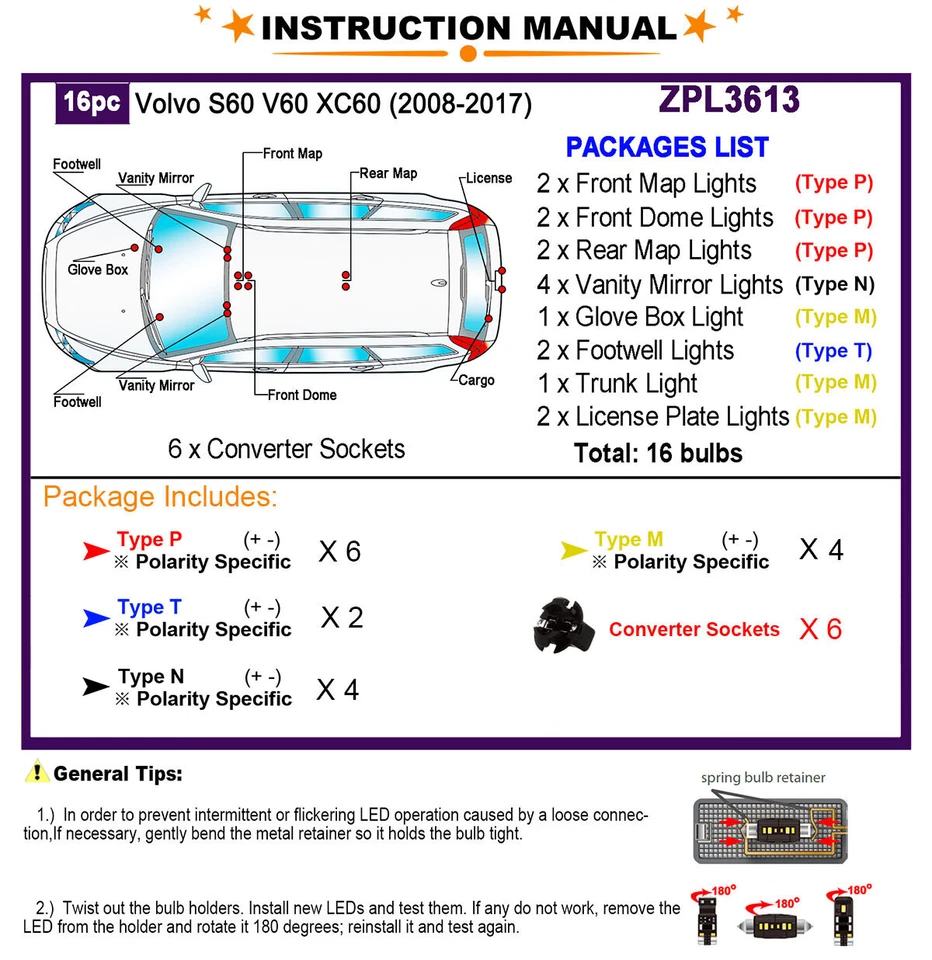 LED Interior Light Kit for Volvo XC60 S60 V60 2008-2017 White Light Bulb Upgrade - Image 2 of 4