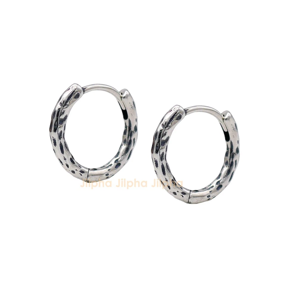 Pendientes de aro martillados retro vintage de plata de ley para hombre y mujer A1629 Foto 3 de 4