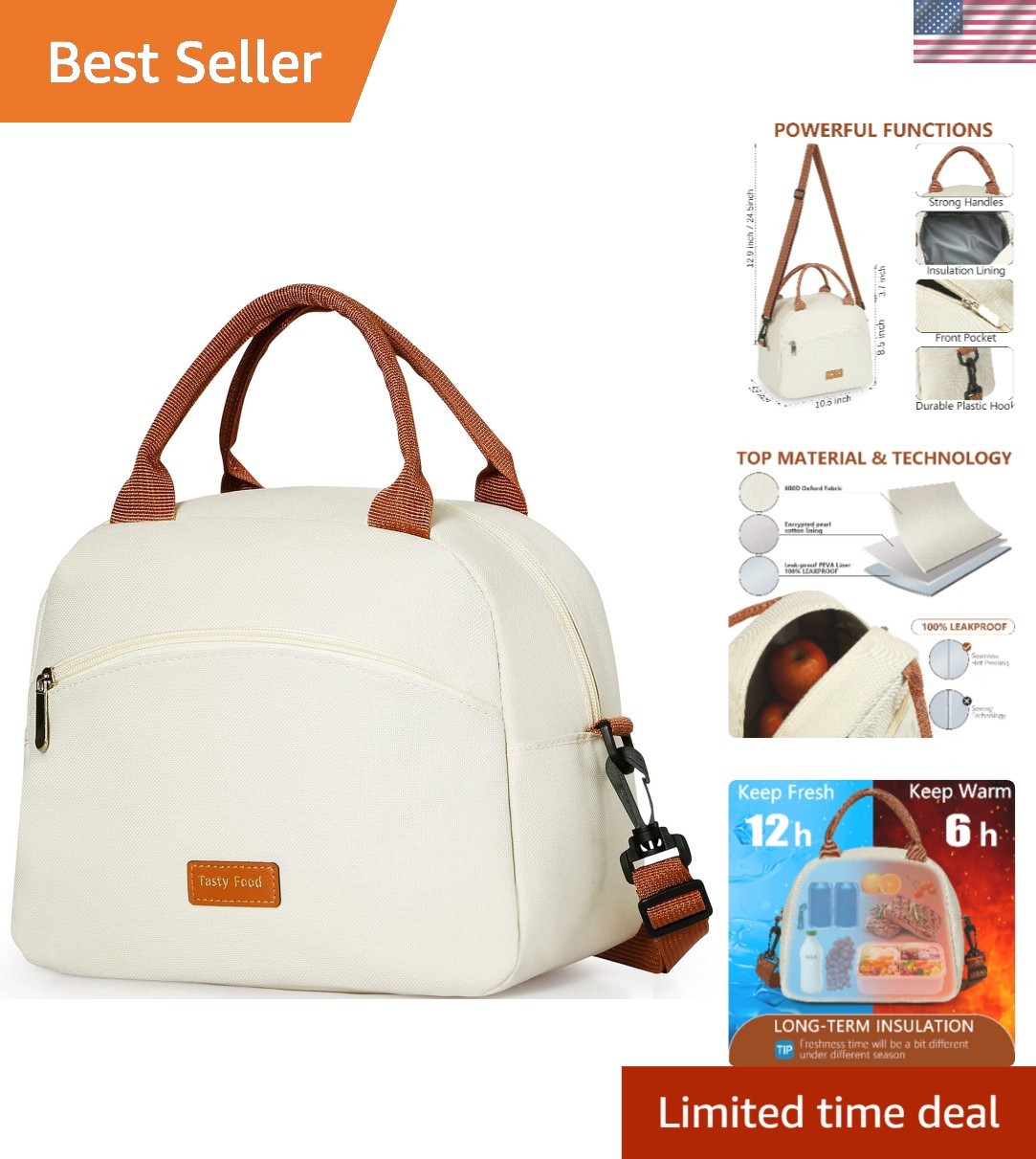 Two-Tone Insulated Lunch Bag with Adjustable Straps and Multiple Compartments