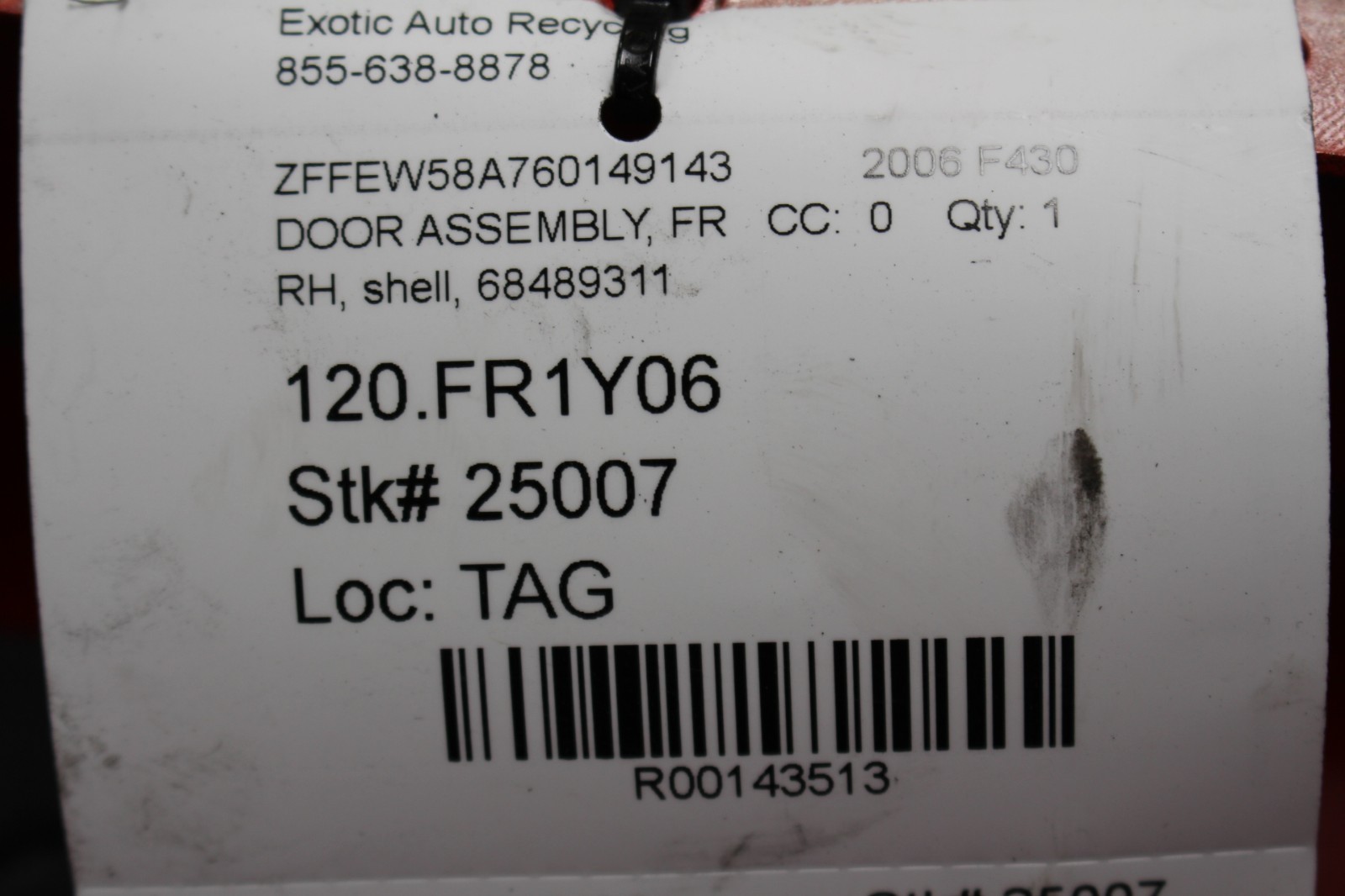 Ferrari F430, RH, Right, Door Shell, Scuffed/Scratched, Used, P/N 68489311