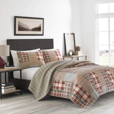 King Quilt Set 3Pc Rustic Country Farm Plaid Lodge Blues Reds Tan Cabin Bedding
