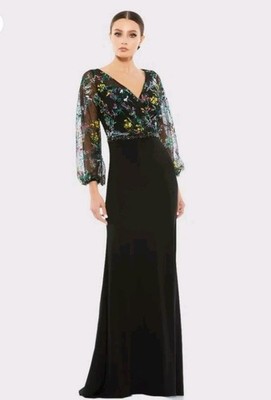 Mac Duggal 79379 Embroidered Illusion Puff Sleeve Column Gown Size 4 Floral