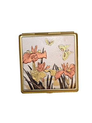 Chokin Art Japanese Mirror Compact Etched Gold Tone Vintage Collectible 