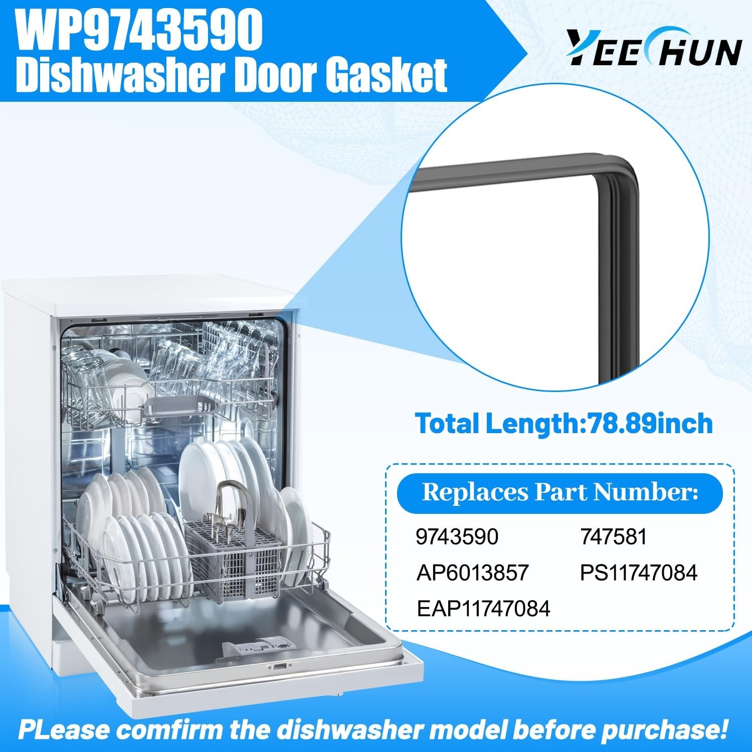 WP9743590 Dishwasher Door Seal Gasket Fit Whirlpool 9743590 Kenmore 665 KUDC