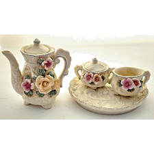 Teapot Set-Miniture-Ceramic-4 Pieces-Tea Pot -Creamer-Sugar-Tray-3D Flowers