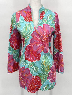 Lilly Pulitzer Tunic Top Womens XS Aqua Pink Floral Print Cotton Tropical Resort