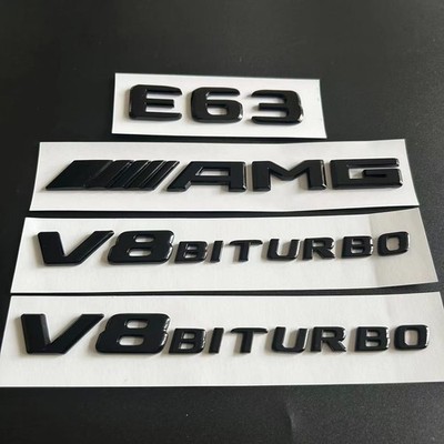 Für Mercedes E63 AMG V8 Biturbo Flache Silber Embleme Aufkleber Schwarz Glänz
