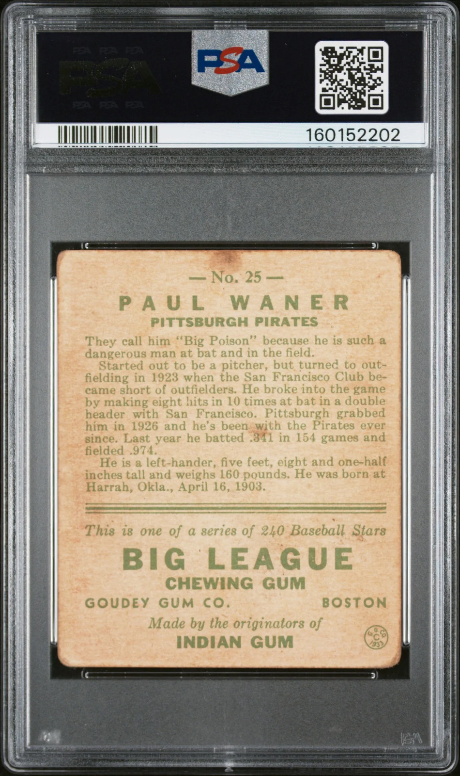 1933 GOUDEY #25 PAUL WANER PSA 1.5 FAIR view 2