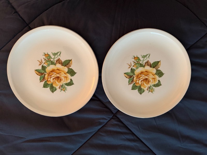 2 Paden City Pottery PINK ROSE 9 3/8" Dinner Plate Cream Background Made in USA