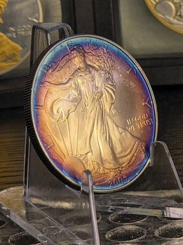 2005 American Silver Eagle 1oz MONSTER Bullseye 🎯 🌈 Toning Toned Toner Rainbow