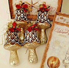 Rustic Set 4 Blown Glass Mushroom Ornaments 4.5" Golden Christmas Holiday W/ Box