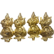 Vtg Gold Brass Curtain Tie Backs Floral Rose Bud Cluster Wall Hooks Set of 4 