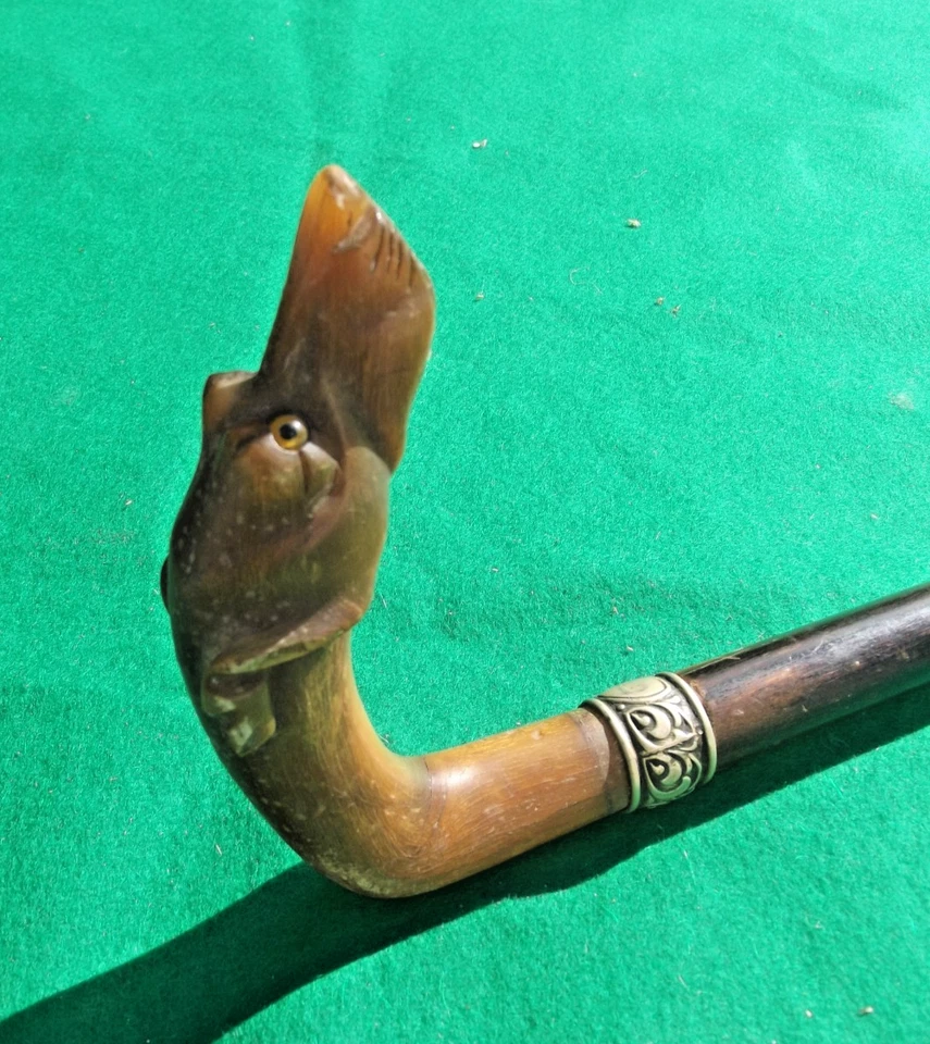 Ancienne Belle Canne De Dandy .  Pommeau En Corne . TETE DE LEVRIER . XIX EME - Photo 2/4