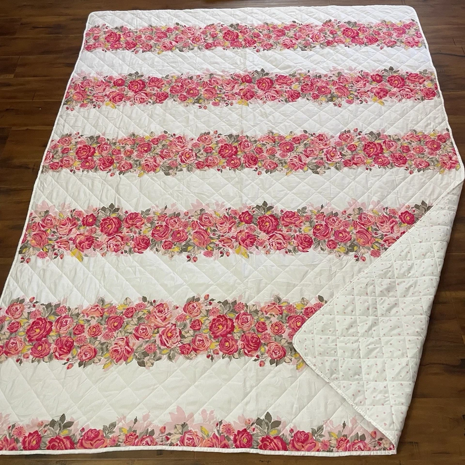 Betsey Johnson Reversible Comforter Twin Size Pink Floral Stripe Hearts Quilted - Image 2 of 4