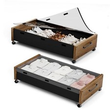 Wooden Under Bed Storage with Wheels, Rolling Under the Walnut Brown-2 pack