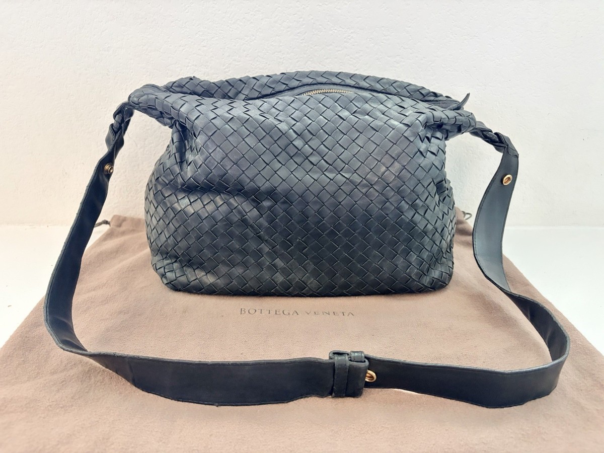 Auth BOTTEGA VENETA Black Hobo Intrecciato 2-Way Crossbody