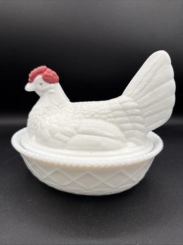 Vintage Westmoreland Nesting Hen Dish Milk Glass Covered Dish Painted Red Comb