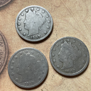Lot of 3 Liberty Head V Nickels 1907, 1907 and 1910 Readible dates and Details