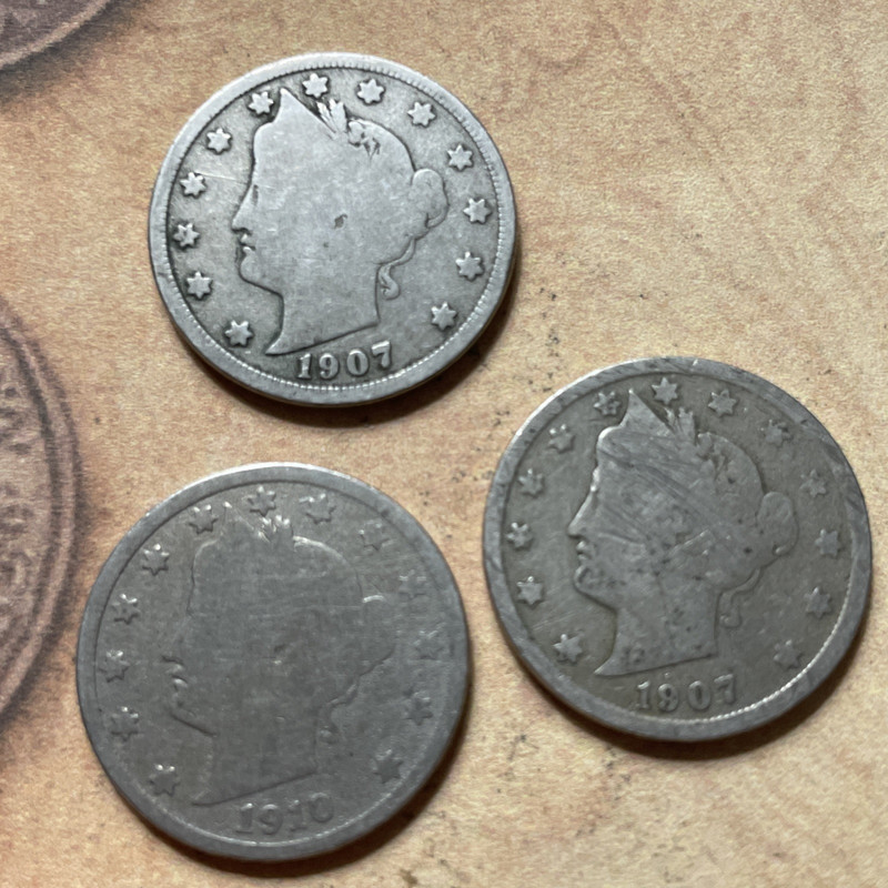 Lot of 3 Liberty Head V Nickels 1907, 1907 and 1910 Readible dates and Details
