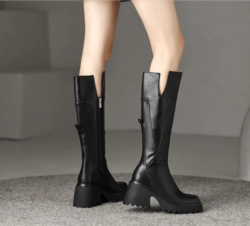 Mid Calf Boots Block Heel Round Toe Real Leather Womens Platform Side Zip Shoes - Bild 3 von 17
