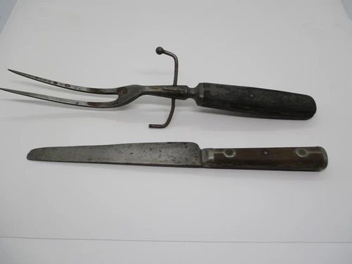 Antique Civil War Era Knife & Carving Fork w/Pewter Inlay
