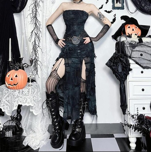 Women's Gothic Strapless Ripped Slit Long Halloween Waistland Style Dress 0273 - Picture 4 of 7