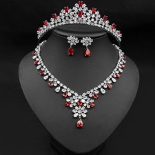 Luxury All CZ Cubic Zirconia Wedding Necklace Earrings Tiara Crown Set For Women