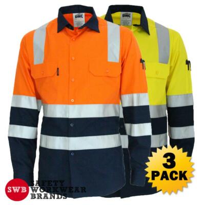 3 x DNC Workwear Mens Hi Vis 2 Tone Lightweight Cotton Shirt Reflective ...