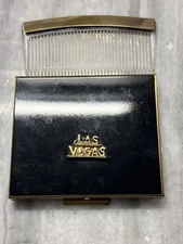 Vintage Las Vegas Black And Gold Tone Souvenir Powder Compact W/ Comb 