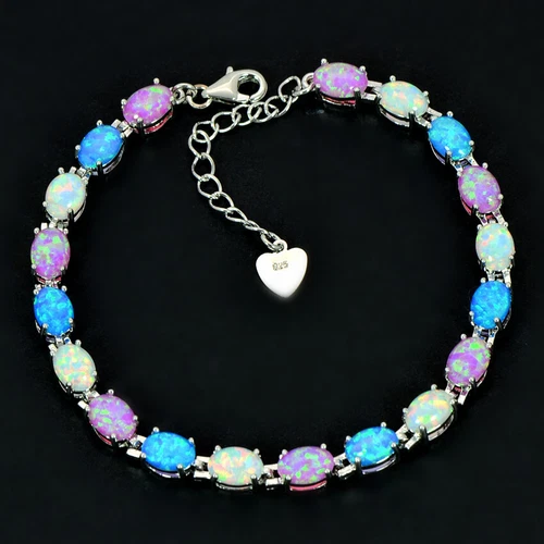 UK New Sterling Silver Dipped Oval White Fire Opal Tennis Bracelet - Picture 2 of 25