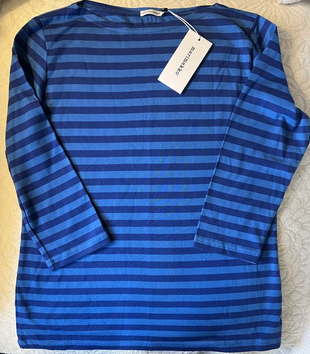 Marimekko Tasaraita Ilma Blue Cotton Striped Women T Shirt New Medium Sold  Out