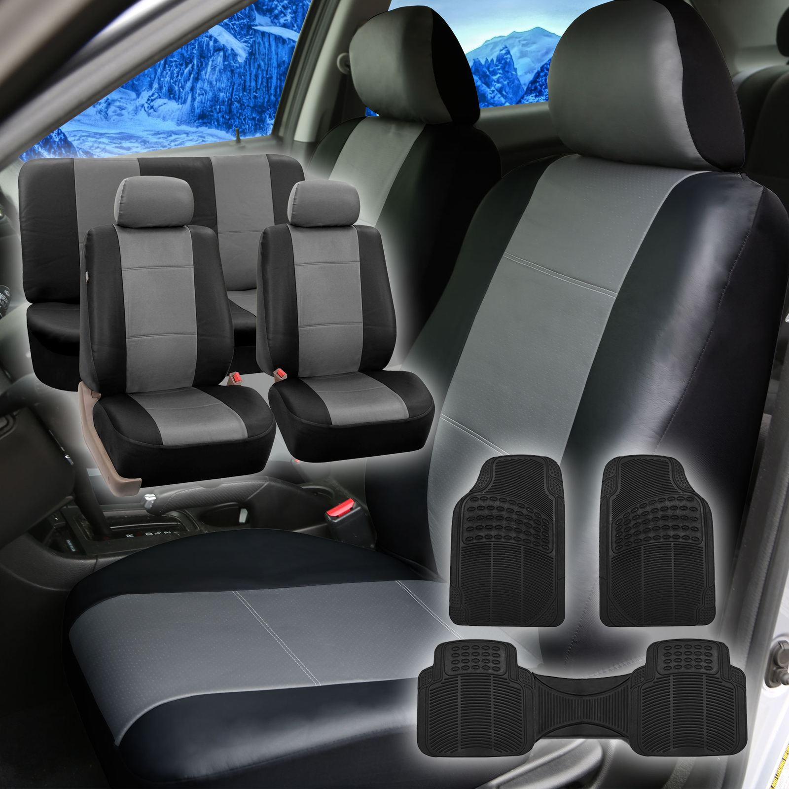 Faux Leather Gray Black Car Seat Cover Full Set w/Gray  Floor Mat