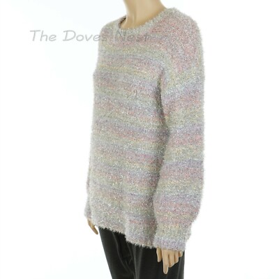 LAUREN CONRAD Women's LARGE Pullover STRIPE POPO SWEATER Silver Eyelash SPARKLE