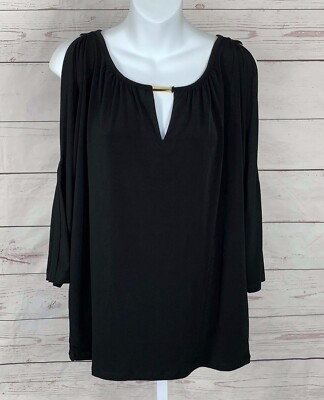 NWT Michael Kors Keyhole Cold Shoulder Knit Top Sz L Black 3/4 Sleeve