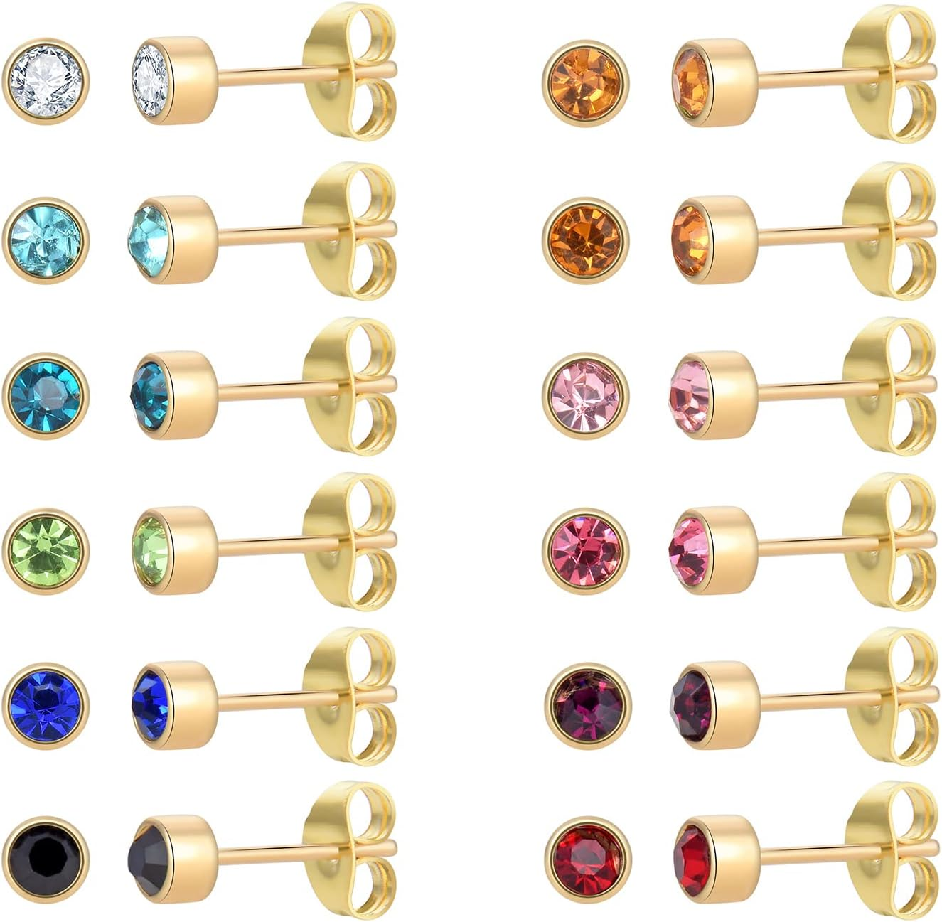 12 Pairs 18K Gold Plated Stud Earrings with CZ Gemstones in Surgical Steel  