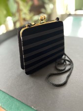 Vintage Lord And Taylor Black Satin Striped Velvet Purse Gold Clutch Evening Bag