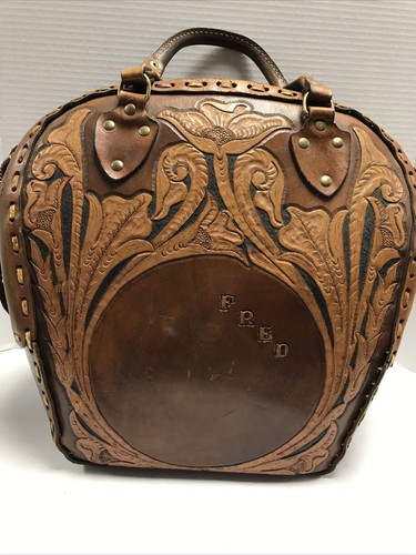 Vintage Tooled Leather Bowling Ball Bag Marked Fred