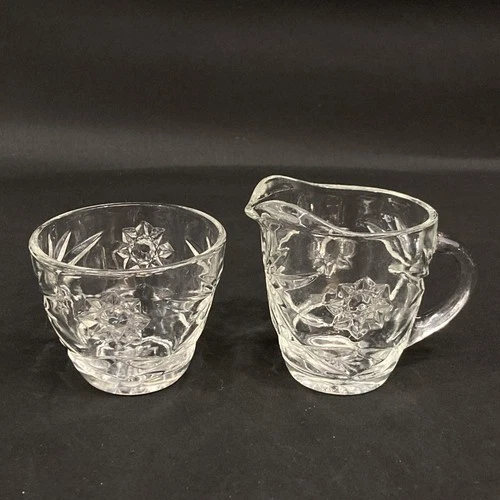 Vintage Anchor Hocking Prescut Glass Creamer & Sugar Bowl Set, Good Condition