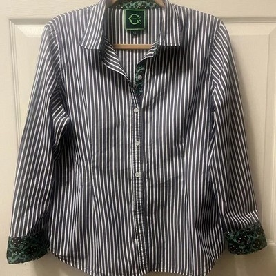 C Wonder Womens Long Sleeve Button Down Blue Striped Fitted Blouse Size XL 