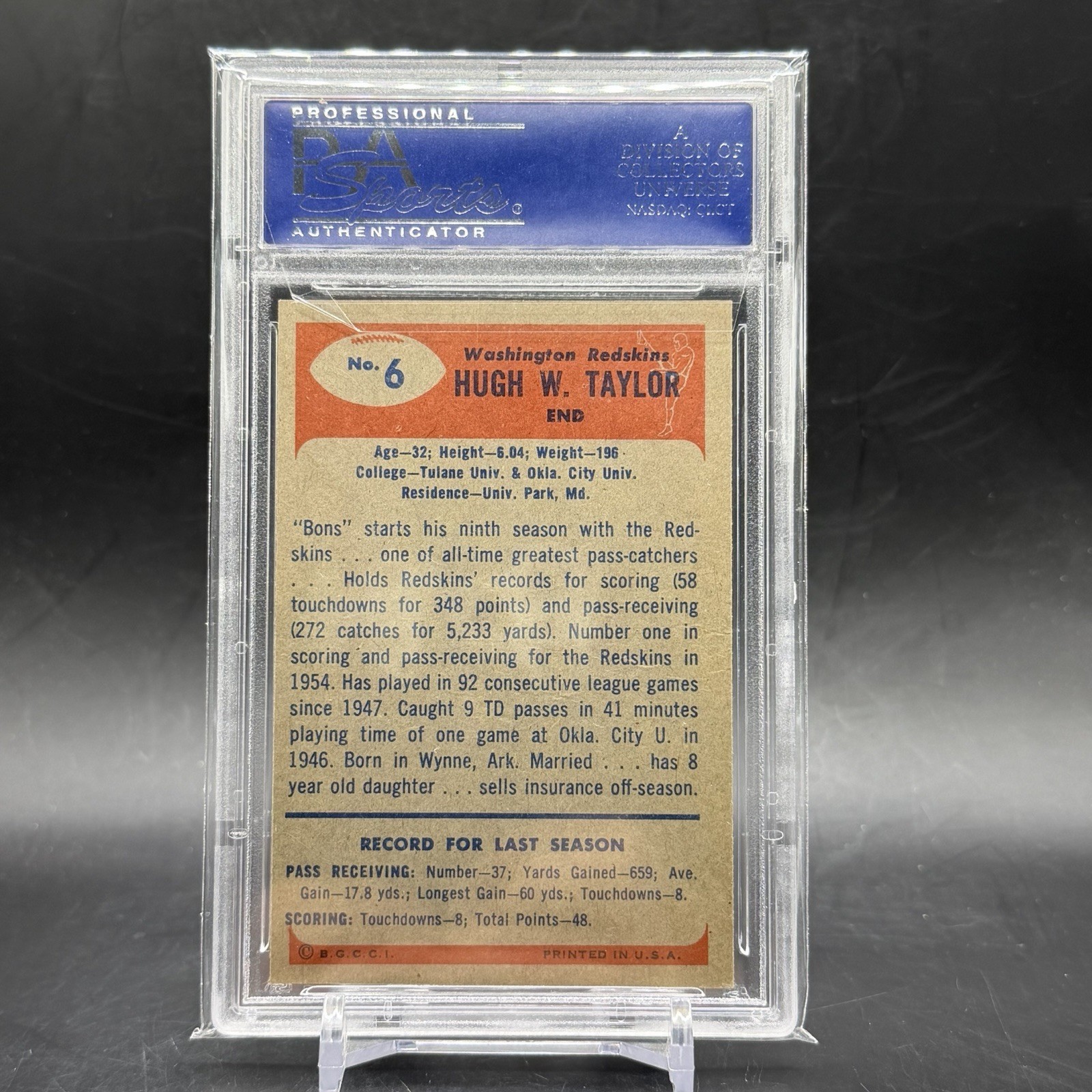 1955 Bowman #6 Hugh Taylor Washington Redskins Vintage Football Card PSA 4 view 2