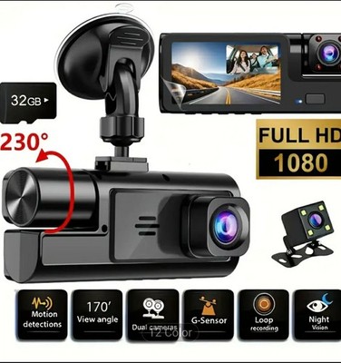 1080P Triple Lens Dash Cam For Car IR Night Vision 32gb Card 170* Wide Angle DV