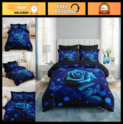 7-Pc Full Size Floral Comforter Set, Blue Rose Bedding for Kids & Adults, Valent