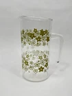 Vintage Pyrex Crazy Daisy Spring Blossom Glass Pitcher Green White Flowers 8"