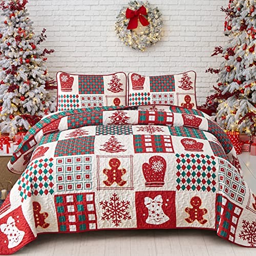 Christmas Quilt Set Reversible Christmas Tree Snowman Snowflake Queen - Picture 2 of 8