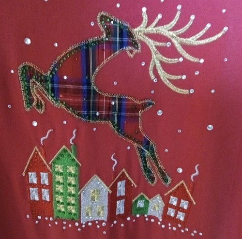 Quacker Factory Rentier Geschenke Shirt große Stickerei Lichter Slinky rot - Bild 3 von 8