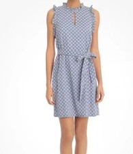 London Times Dress Blue Daisy Eyelet Belted Summer Women Sz 14 100% Cotton