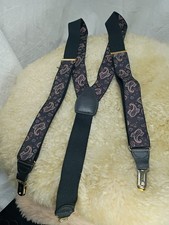 PELICAN ELASTIC SUSPENDERS BLACK / PURPLE PAISLEY PRINT CLIP ON - GOOD COND.